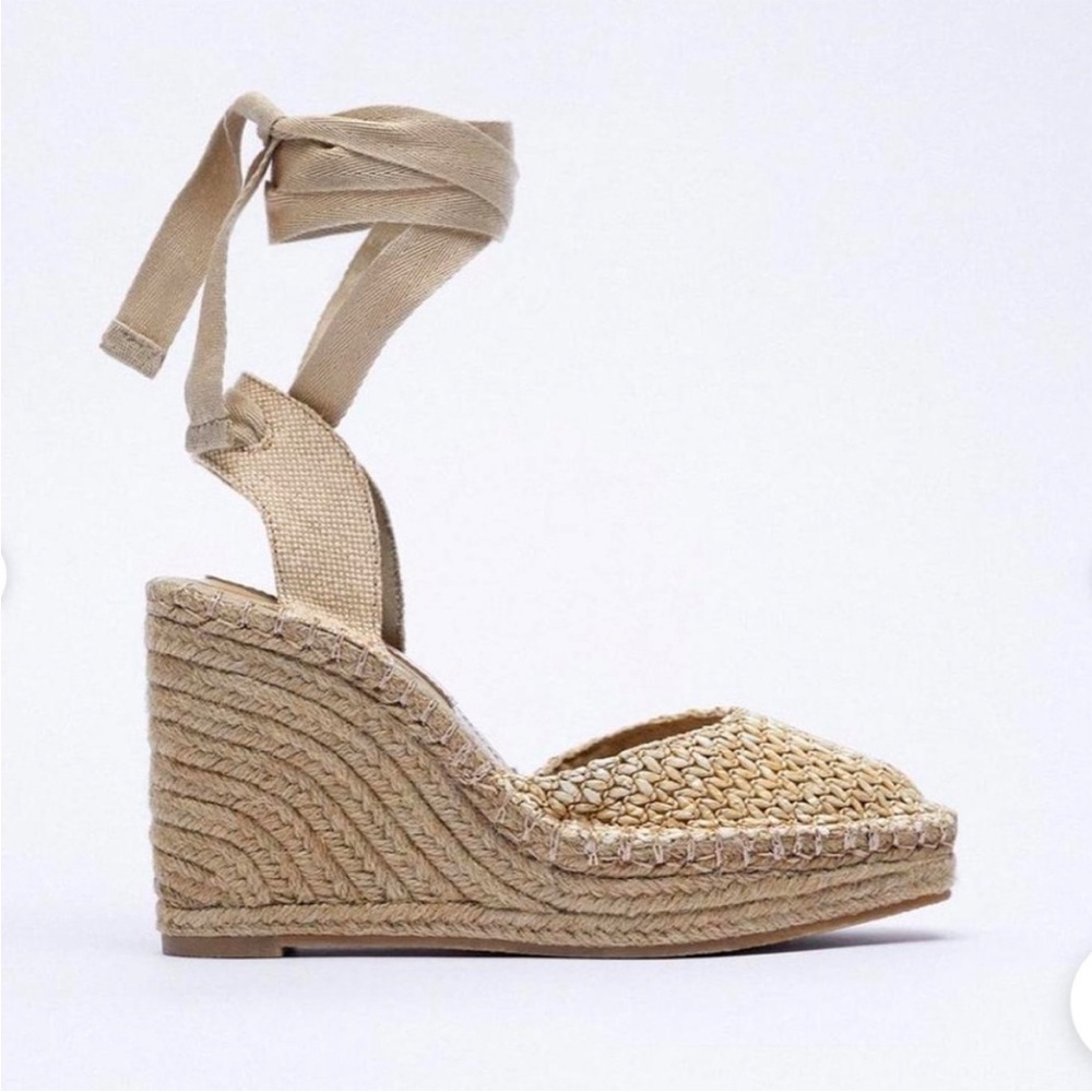 ZARA Raffia Tan Wedge Espadrilles